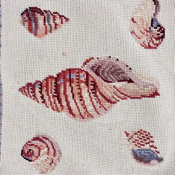 Hand Made Needlepoint Nautical Sea Shell Tassel Pillow Cover Velvet Back - Picture 2 of 6